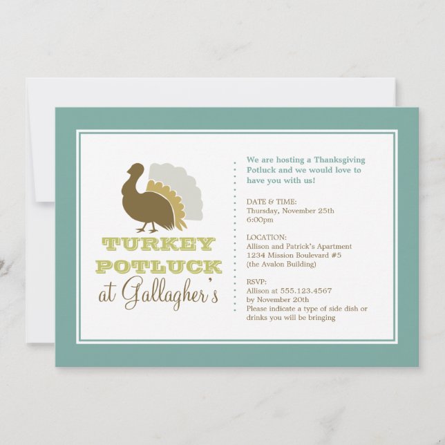 Invitación moda de agradecimiento cena de pavo azul verde ver (Anverso)