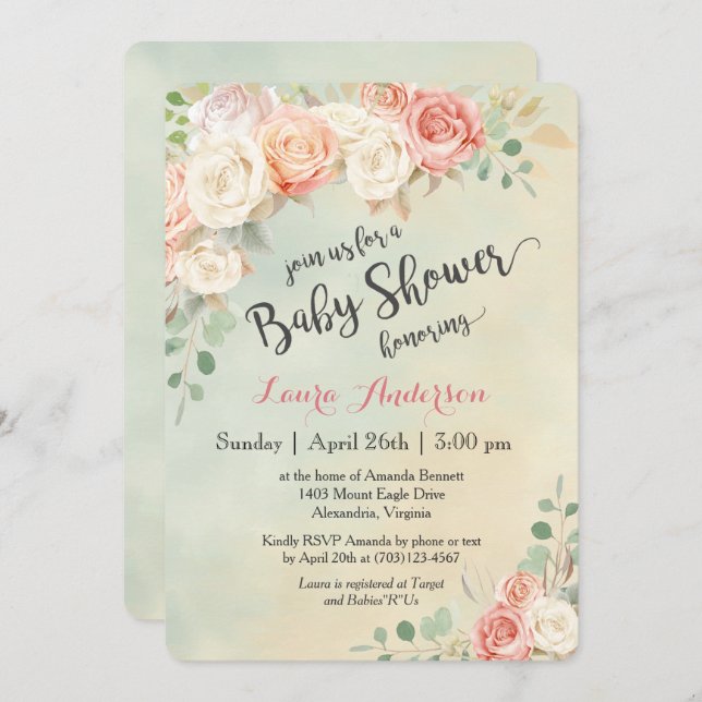 Invitación Moda de algodón Rosas de cosecha Baby Shower (Anverso / Reverso)