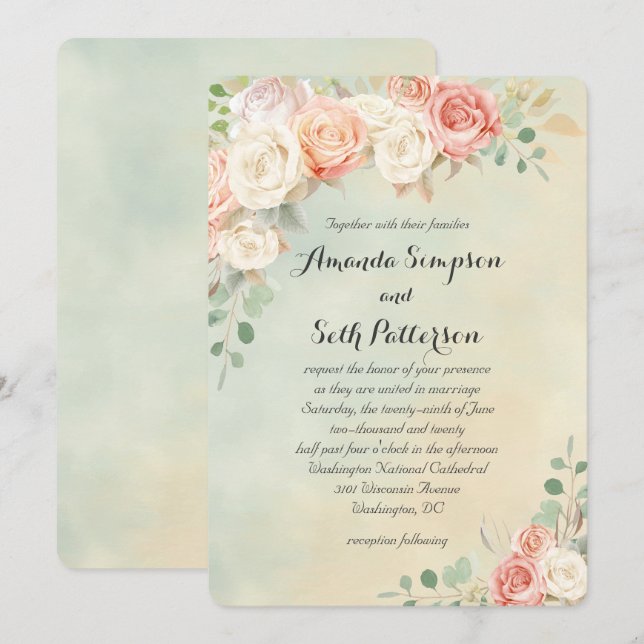 Invitación Moda de algodón Rosas de cosecha Boda (Anverso / Reverso)
