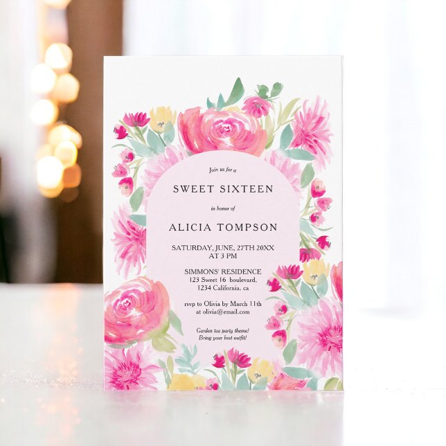 Invitación Moda de arco floral rosa bohemio Sweet 16 (Bohemian pink floral arch chic Sweet 16 Invitation)