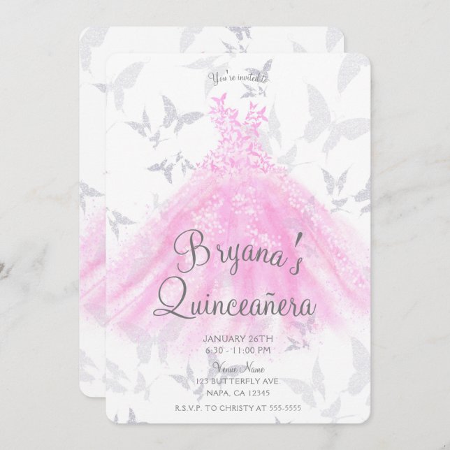 Invitación Moda de baile de mariposa rosada Quinceañera (Anverso / Reverso)