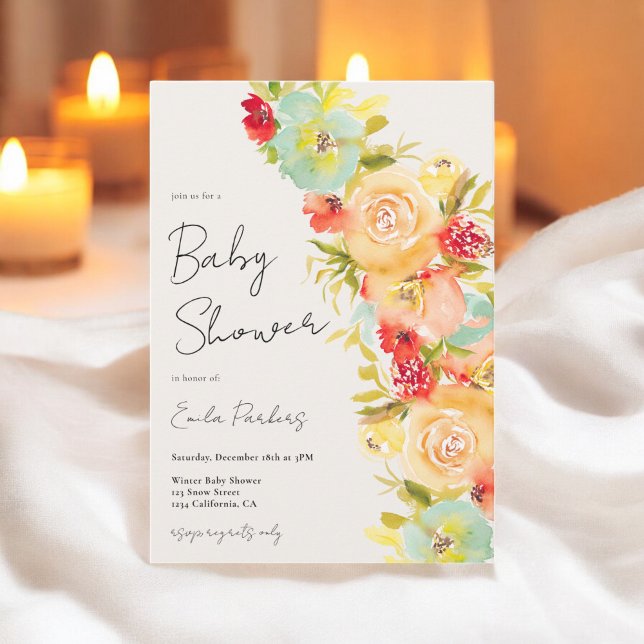 Invitación Moda de boho amarillo Floral azul Invernal ducha b (Yellow boho Chic Blue Floral Winter baby shower Invitation)