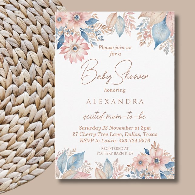 Invitación Moda de Boho Floral Azul Rosa Baby Shower (Subido por el creador)