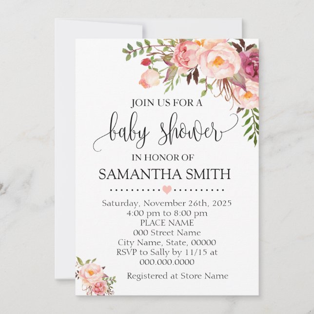 Invitación Moda de boho floral rosa para bebé ducha (Anverso)
