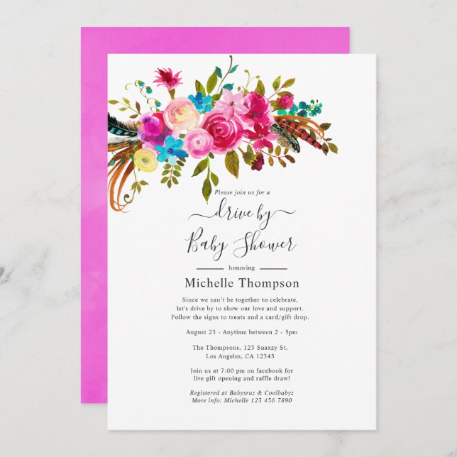 Invitación Moda de Boho rosa caliente manejada por novia o Ba (Anverso / Reverso)