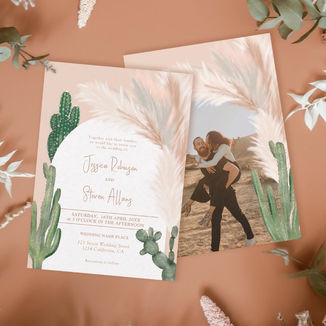 Invitación Moda de Boho Rústico cactus pampas boda de fotogra (Subido por el creador)