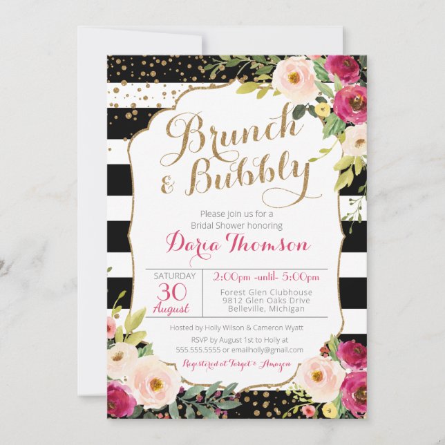 Invitación Moda de brunch y burbuja Stripe Floral Bridal Duch (Anverso)