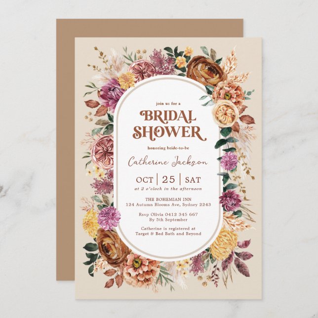Invitación Moda de cabaña retro otoño Florals Bridal Shower (Anverso / Reverso)