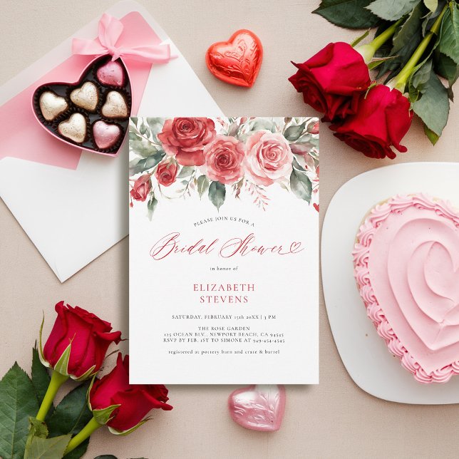 Invitación Moda de caligrafía de rosas rojas de San Valentín  (valentine bridal shower invitation watercolor red roses elegant calligraphy modern feminine chic)