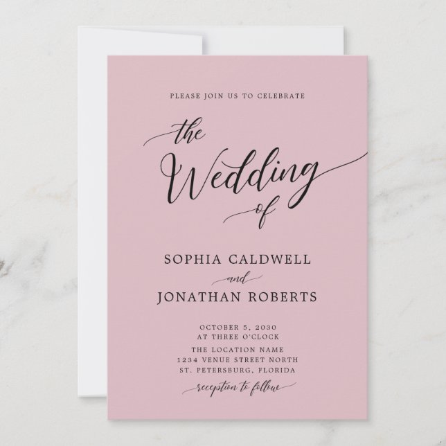 Invitación Moda de caligrafía de todo en uno Boda Rosa polvor (Anverso)