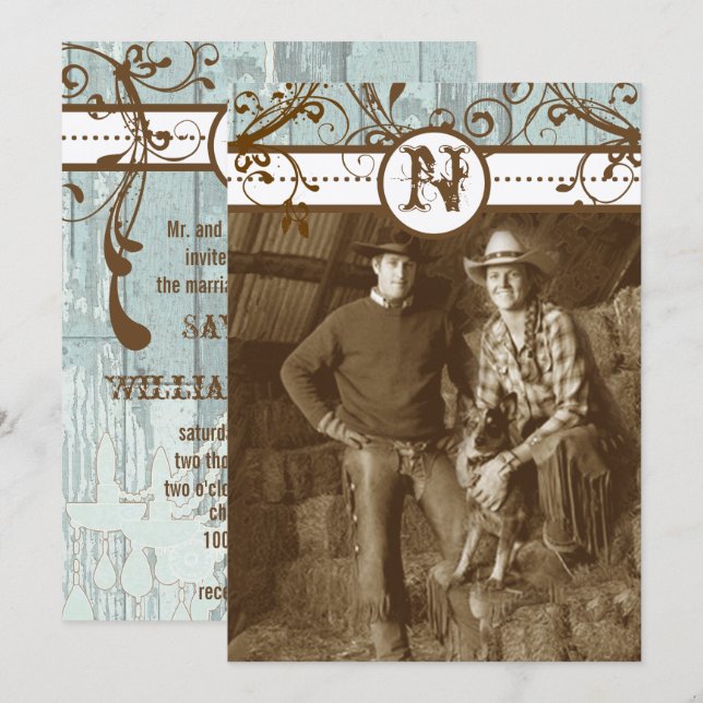 Invitación Moda de campo Chocolate Mint Rústico Madera de gra (Anverso / Reverso)