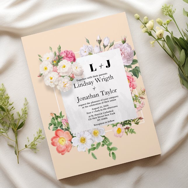Invitación Moda de campo marfil Boda de marco floral blanco r (Country chic ivory pink white flower frame Wedding )