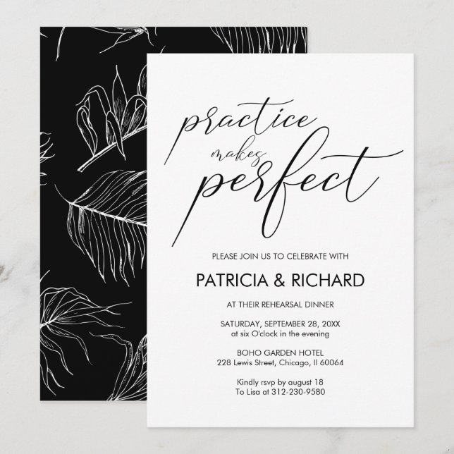 Invitación Moda de cena de ensayo boda blanco y negro (Anverso / Reverso)