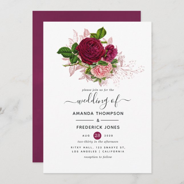 Invitación Moda de cosecha Boda floral rosa y borgoñona (Anverso / Reverso)
