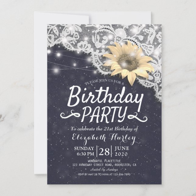 Invitación Moda de cumpleaños Lace Sunflowers Luces de cadena (Anverso)