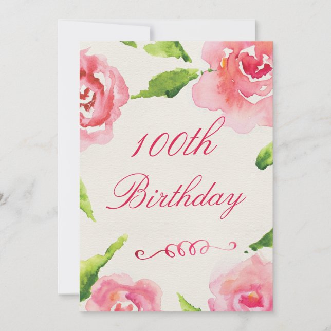 Invitación Moda de cumpleaños número 100 Rosas de acuarela (Anverso)