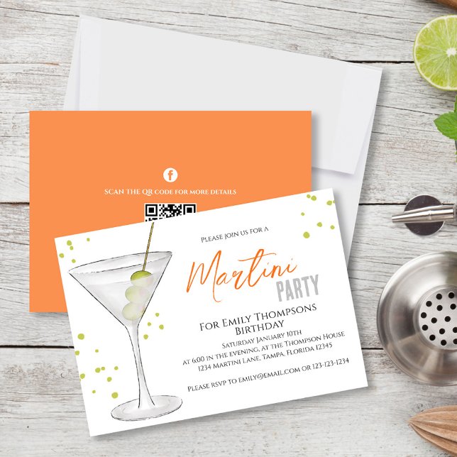 Invitación Moda de cumpleaños Watercolor adulto Martini Cockt (Birthday party invitation with a watercolor martini and a scannable QR Code. )