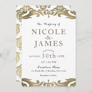 Invitación Moda de damasco blanco y dorado Boda minimalista e