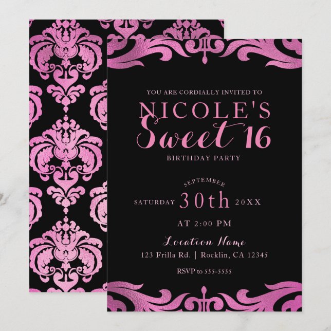 Invitación Moda de Damasco negro y rosa elegante dulce 16 Fie (Anverso / Reverso)