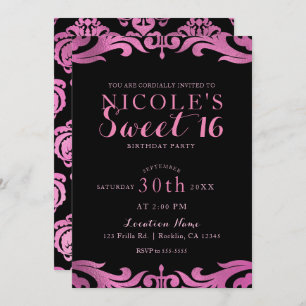 Invitación Moda de Damasco negro y rosa elegante dulce 16 Fie