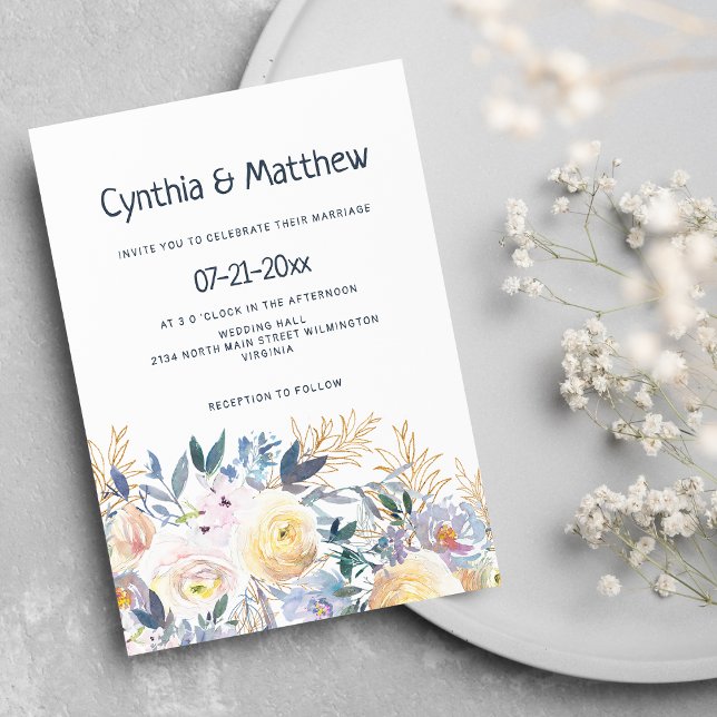 Invitación Moda de diseño marfil azul marino boda floral de o (Stylish chic navy blue ivory gold floral wedding)