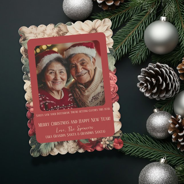 Invitación Moda de época Christas Floral Red Green Photo Card (Subido por el creador)