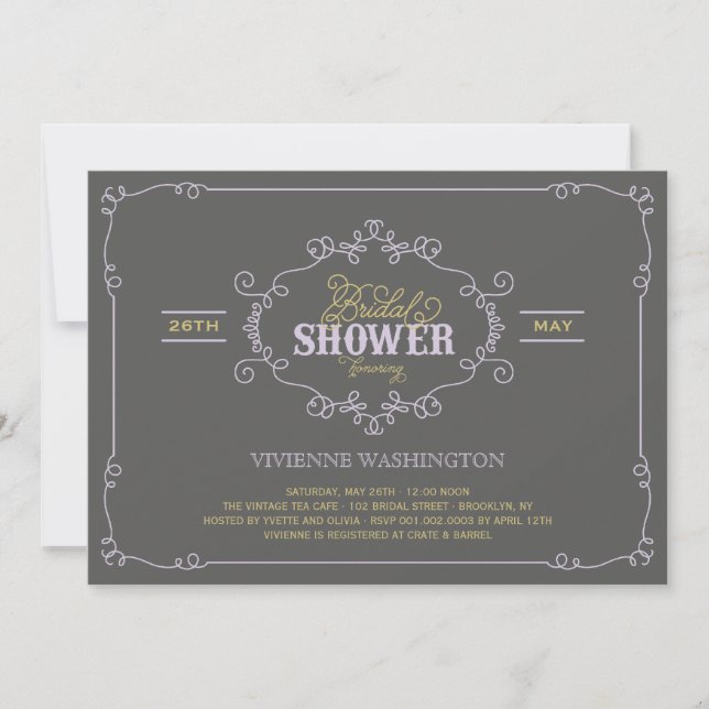 Invitación Moda de época florece con ducha morada invitada (Anverso)