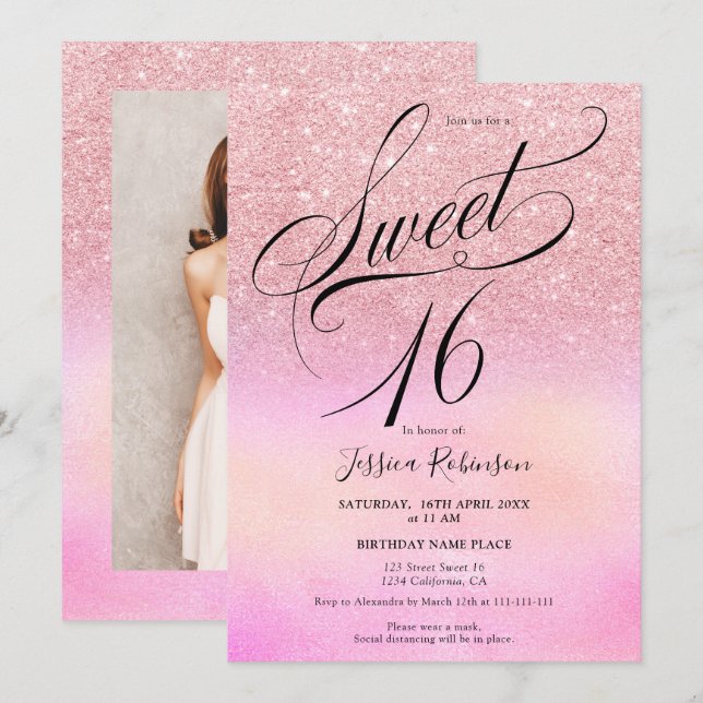 Invitación moda de escritura holográfica purpurina rosa Sweet (Anverso / Reverso)
