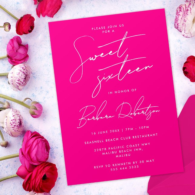 Invitación Moda de escritura Minimalista rosa caliente Diecis (Hot pink invitation with title "sweet sixteen" in modern script)