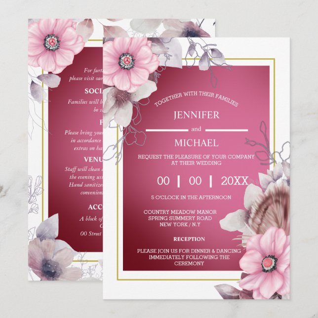 Invitación Moda de flores de jardín rústico rosado (Anverso / Reverso)