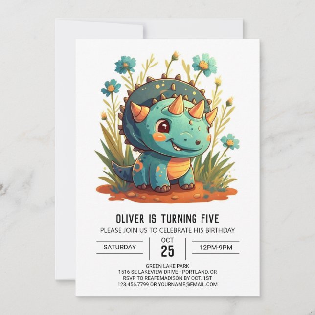 Invitación Moda de Flores Silvestres Dinosaurio Boy Cumpleaño (Anverso)