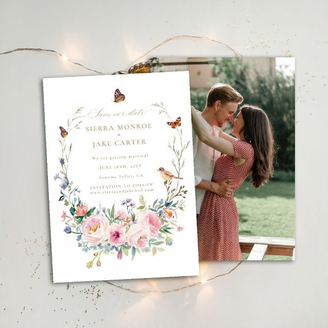 Invitación Moda de flores silvestres en el jardín Boda de fot (garden wedding save the date photo wildflowers roses enchanted woodland forest butterflies fairytale)
