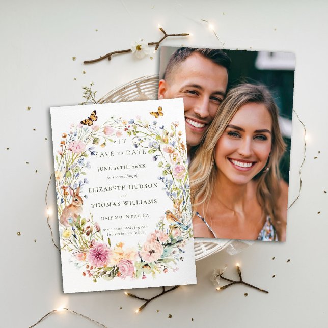 Invitación Moda de flores silvestres encantadas Boda de fotos (wildflowers wedding save the date photo enchanted garden woodland forest butterfly rabbit fairytale)