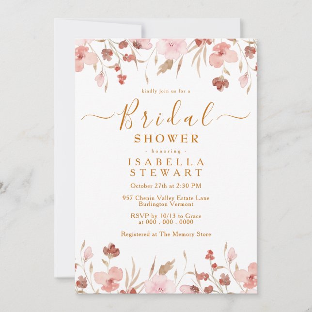 Invitación Moda de flores silvestres rosadas de Rubor Boho Br (Anverso)