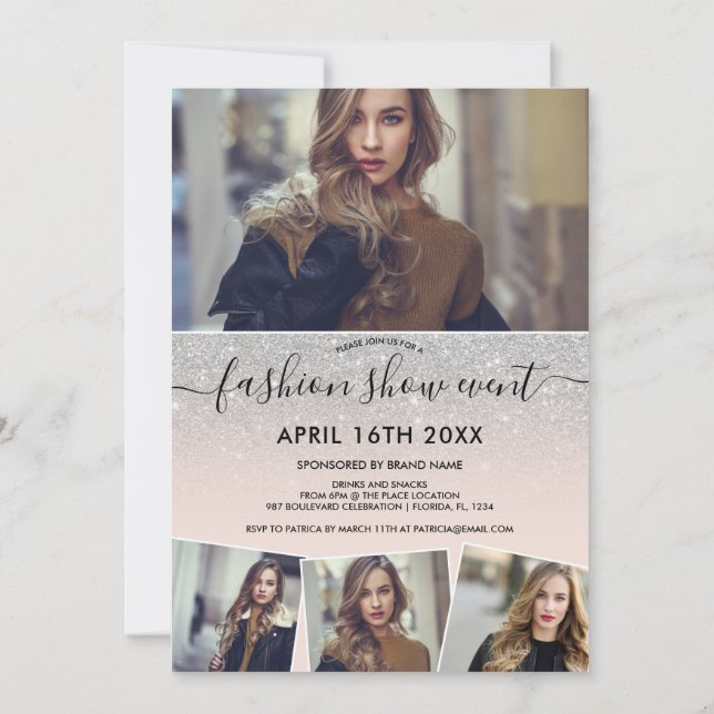Invitación Moda de fotos de guiones ruidosos de purpurina pla (Reverso)
