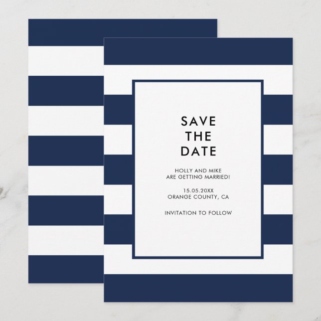 Invitación Moda de franjas blancas de la Marina Simple Modern (Anverso / Reverso)