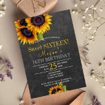 Invitación Moda de girasoles de pizarra dulce rústico diecisé<br><div class="desc">Floral elegante otoño dulce dulce 16 / 16 cumpleaños plantilla de invitación a la fiesta en pizarra de tiza gris oscuro con ramos de girasoles dorados amarillos. Rellene su información en los puntos, Puede elegir personalizar de los tipos de letra y los colores de las letras. — La invitación es...</div>