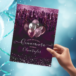 Invitación Moda de globos purpurinas de goteo rosado Quincean