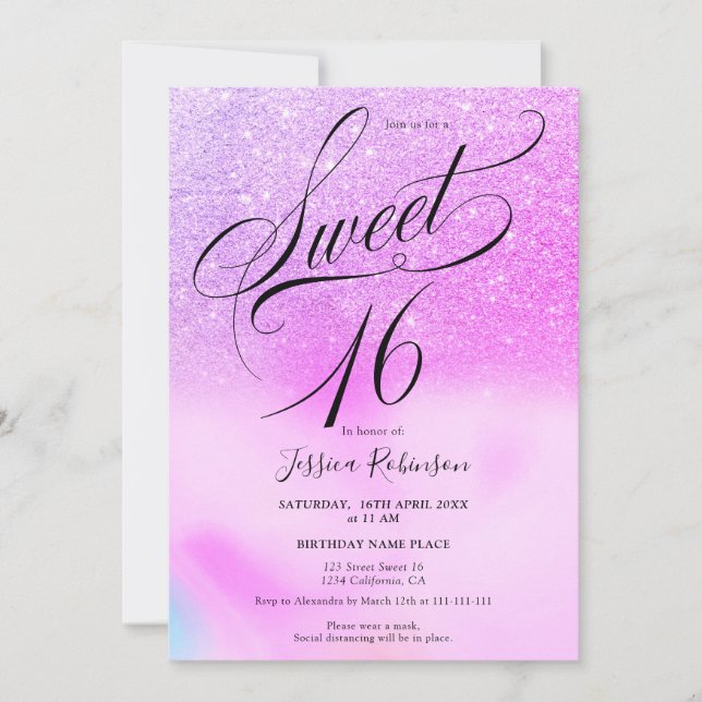Invitación Moda de guion holográfico purpurina púrpura Sweet  (Anverso)
