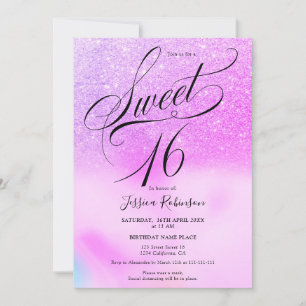 Invitación Moda de guion holográfico purpurina púrpura Sweet 