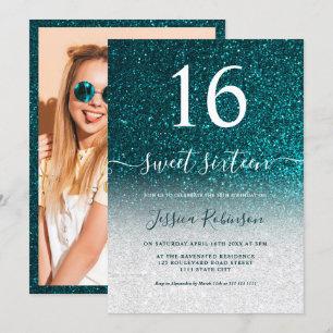 Invitación moda de guion purpurina de color turquesa dulce 16