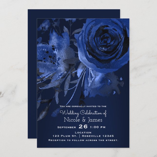 Invitación Moda de invierno Floral Azul Rosa Boda audaz (Anverso / Reverso)