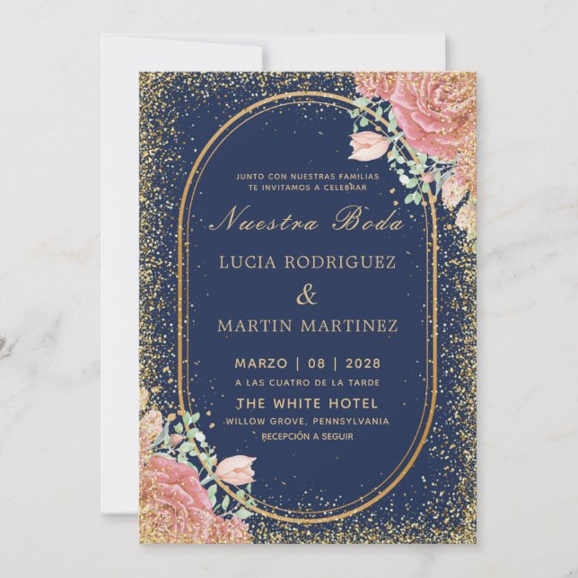 Invitación Moda de la Marina Purpurina del marco de oro flora (Anverso)