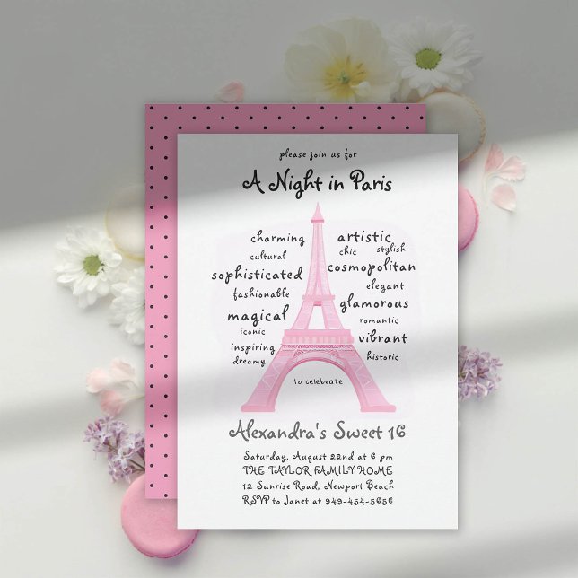 Invitación Moda de la nube mundial de la Torre Eiffel Rosa de (night in paris sweet 16 party theme invitation word cloud typography calligraphy pink white black )