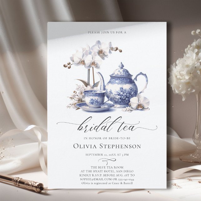 Invitación Moda de la tela de Hampton de Orquídea Blanca Duch (bridal tea party white orchid toile hampton style something blue elegant modern classic watercolor)