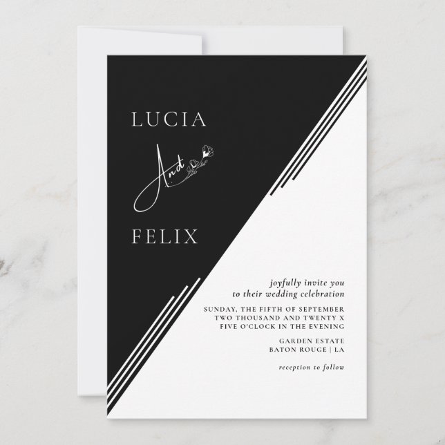 Invitación Moda de línea moderna Boda de fotos en blanco y ne (Anverso)