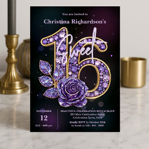 Invitación Moda de lujo morado Ametist Gemstone Rosa Sweet 16
