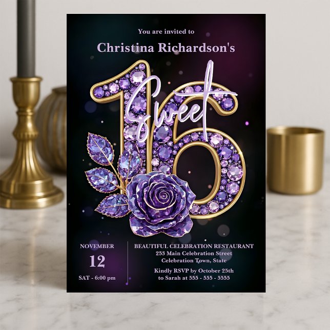 Invitación Moda de lujo morado Ametist Gemstone Rosa Sweet 16 (Subido por el creador)