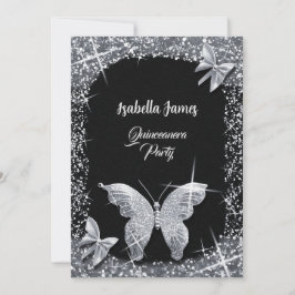 Invitación moda de lujo purpurina plata negro mariposa elegan