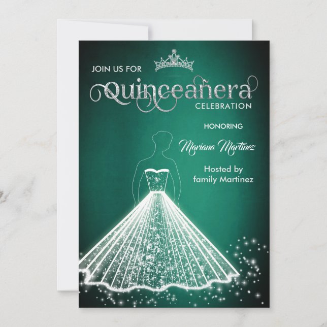 Invitación Moda de lujo verde esmeralda brillante vestido Qui (Anverso)